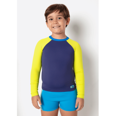 Camiseta Manga Longa com Proteção Solar Menino Color Block Azul Marinho