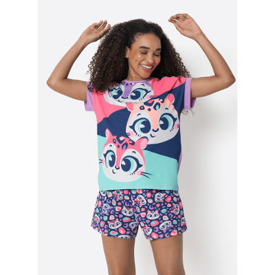 Pijama Manga Curta Feminino Onça