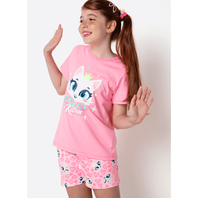 Pijama Manga Curta Algodão Menina Teen Gata Romântica