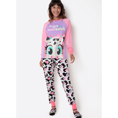 Pijama Manga Longa Viscolycra Feminino Vaca Patches