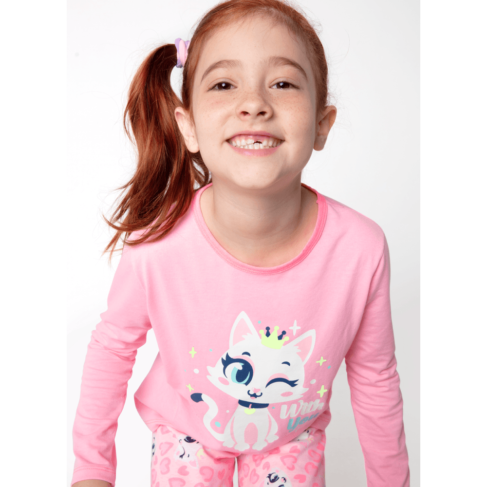 Pijama Manga Longa Algodão Menina Gata Romântica - 2