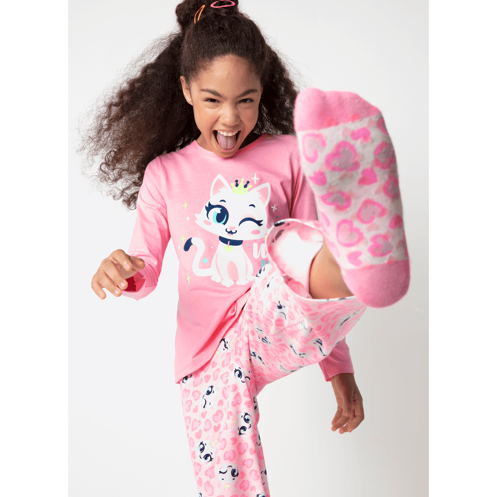 Pijama Manga Longa Algodão Menina Teen Gata Romântica - 1