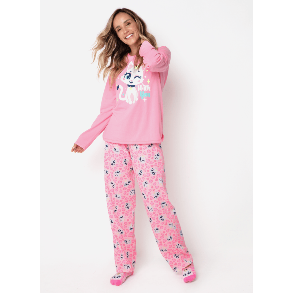 Pijama Manga Longa Algodão Feminino Gata Romântica - 1