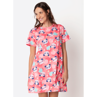 Camisola Manga Curta Algodão Feminina Panda Romântico