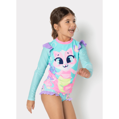 Conjunto Camiseta e Calcinha com Proteção Solar Menina Gata Sereia