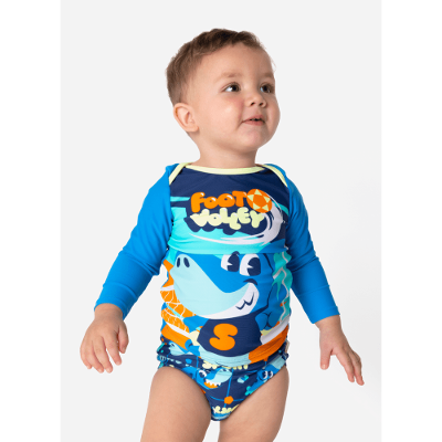 Conjunto Camiseta e Sunga com Proteção Solar Bebê Menino Tubarão Futevôlei