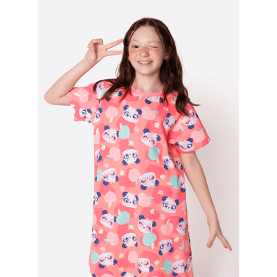 Camisola Manga Curta Algodão Menina Teen Panda Romântico