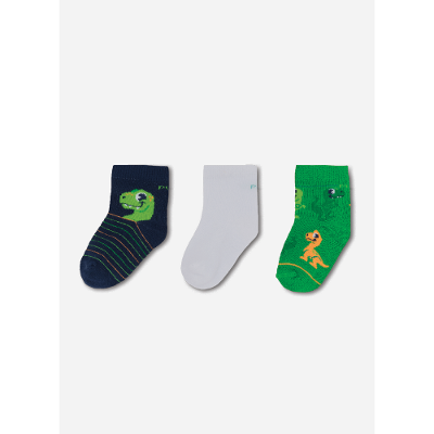 Kit com 3 Meias Soquetes Bebê RN Menino Dinossauro