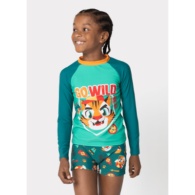Conjunto Camiseta e Sunga com Proteção Solar Menino Tigre Camping