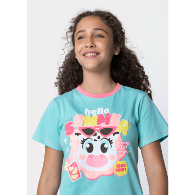 Camisola Manga Curta Algodão Menina Teen Vaca Summer