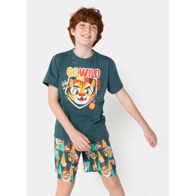 Pijama Manga Curta Algodão Menino Teen Tigre Camping