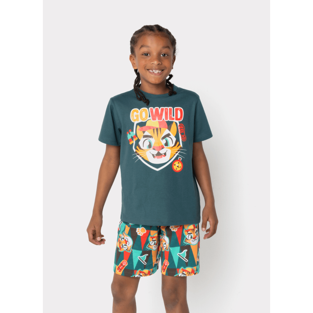 Pijama Manga Curta Algodão Menino Tigre Camping - 1