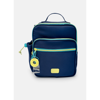 Lancheira Térmica com Bolso Frontal Color Block Azul Marinho e Amarelo
