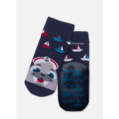Meia Soquete com Sola Emborrachada Bebê Menino Foca Marinheira