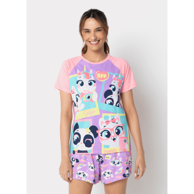 Pijama Manga Curta Viscolycra Feminino Multibichos