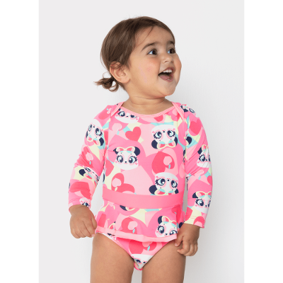 Maiô Manga Longa com Proteção Solar Bebê Menina Panda Romântico