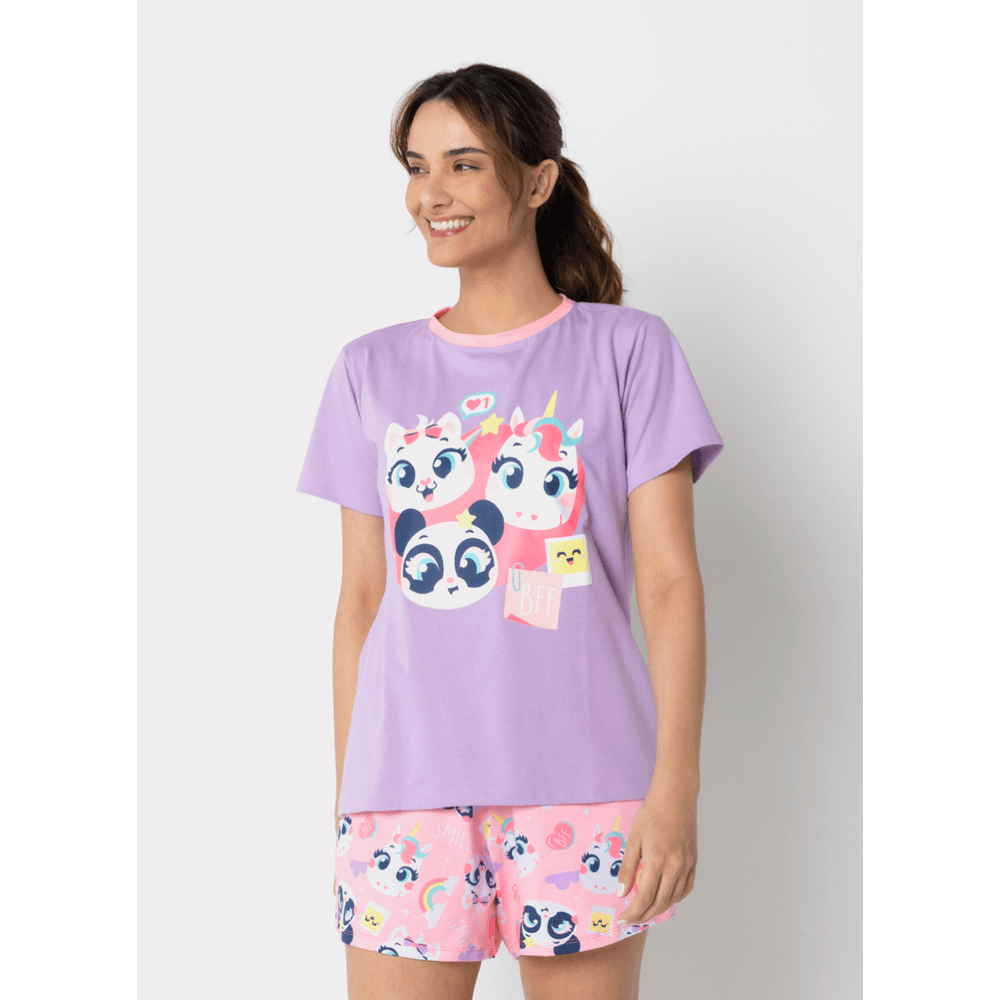 Pijama Manga Curta Algodão Feminino Multibichos - 1