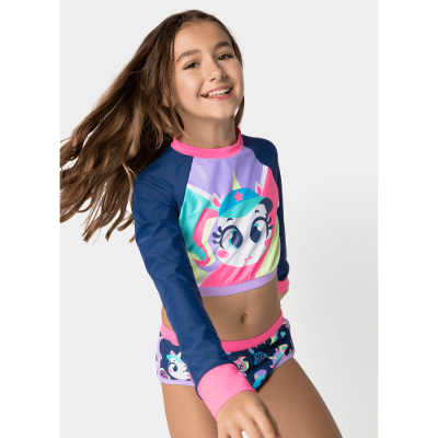 Conjunto Cropped e Calcinha com Proteção Solar Menina Teen 10/12 anos Unicórnio Tênis
