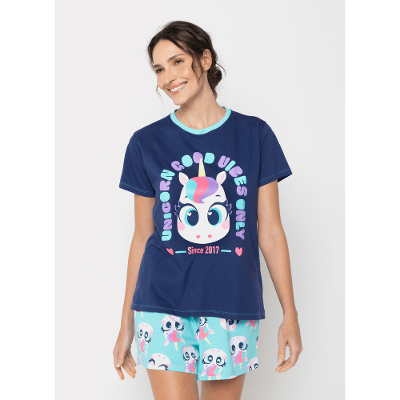 Pijama Manga Curta Algodão Feminino Unicórnio