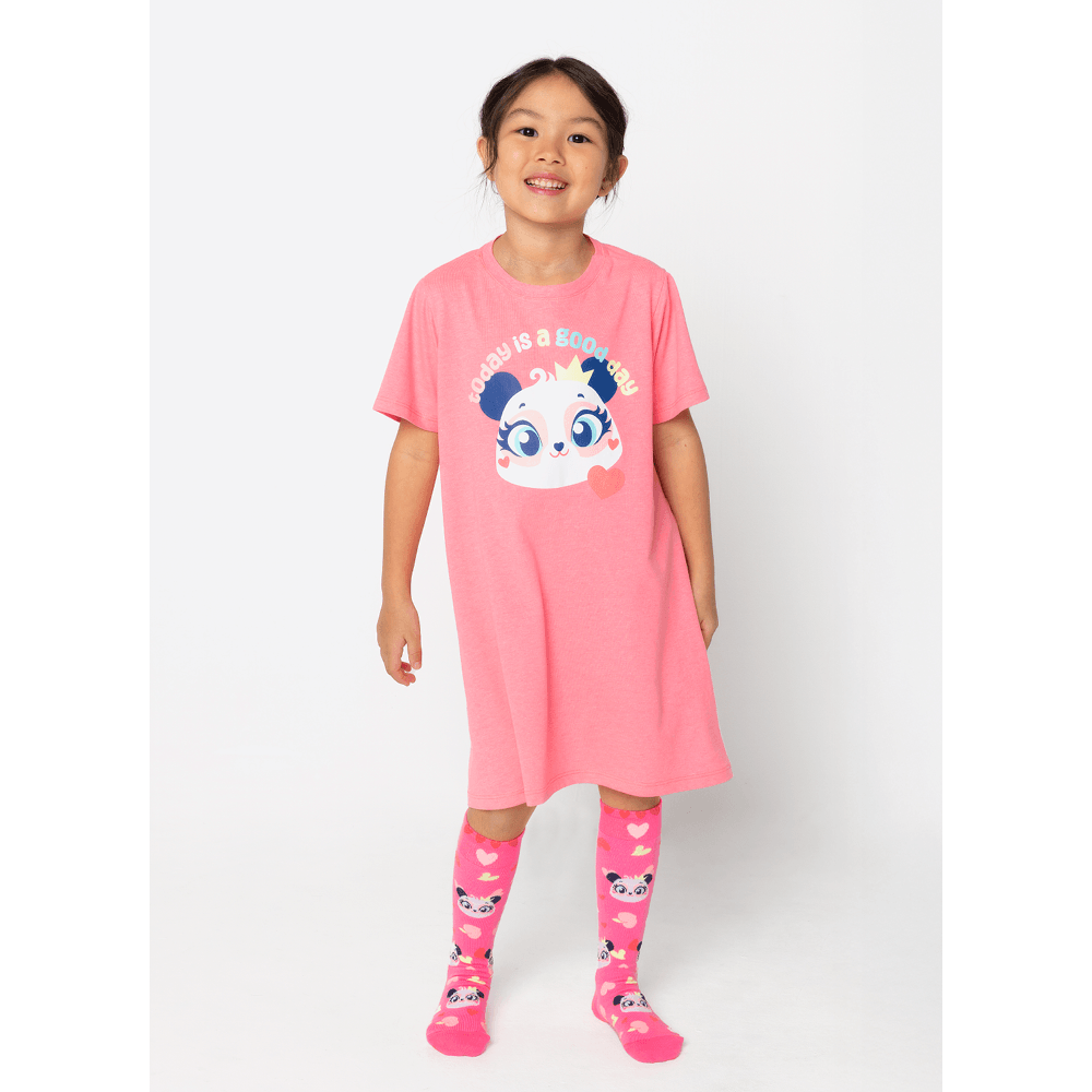 Camisola Manga Curta Algodão Menina Panda Romântico - 1