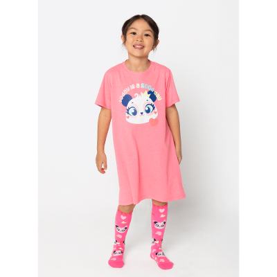 Camisola Manga Curta Algodão Menina Panda Romântico