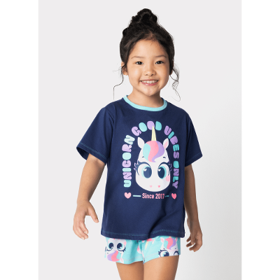 Pijama Manga Curta Algodão Menina Unicórnio