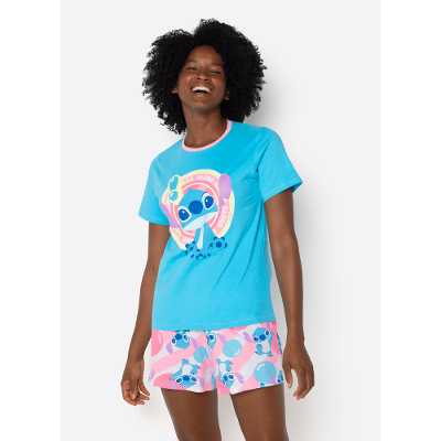 Pijama Manga Curta Algodão Feminino Stitch