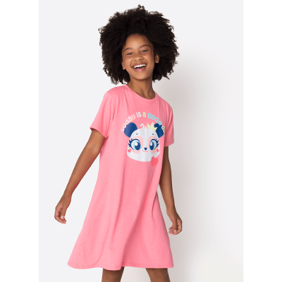 Camisola Manga Curta Algodão Menina Teen Panda Romântico