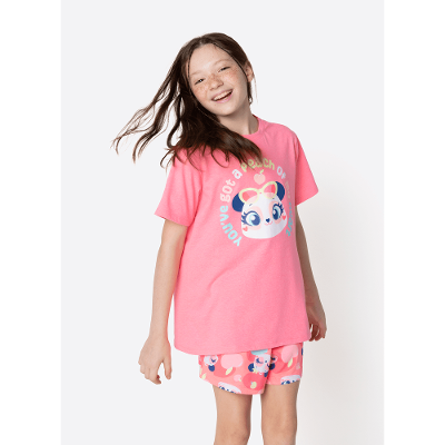 Pijama Manga Curta Menina Teen Panda Romântico