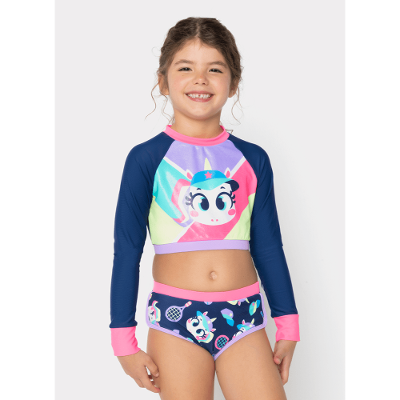 Conjunto Cropped e Calcinha com Proteção Solar Menina Unicórnio Tênis