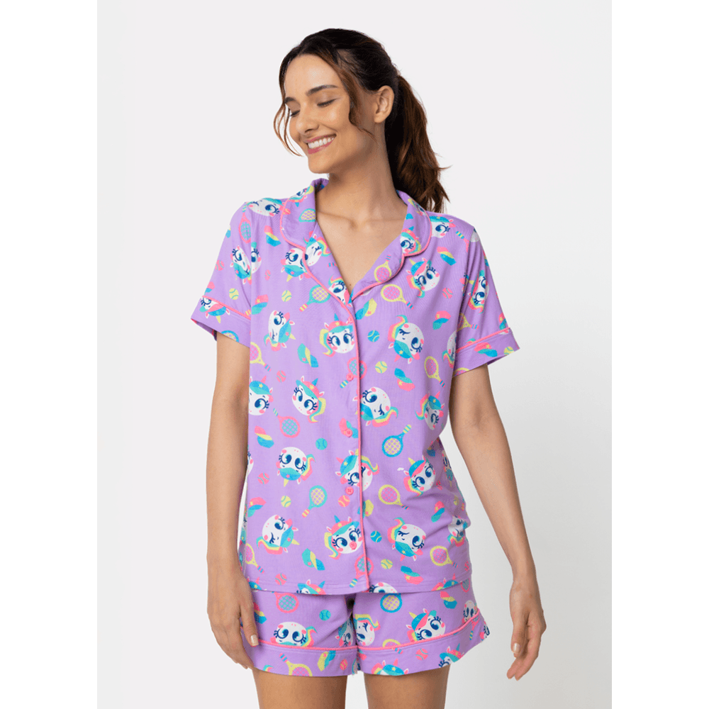 Pijama Manga Curta Viscose Feminino Unicórnio Tênis - 1