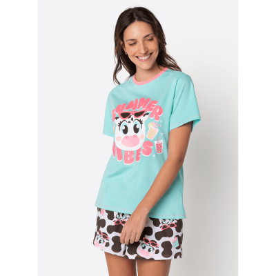 Pijama Manga Curta Algodão Feminino Vaca Summer