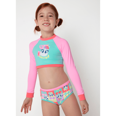 Conjunto Cropped e Calcinha com Proteção Solar Menina Unicórnio Cherry