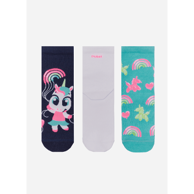 Kit com 3 Meias Soquete Menina Unicórnio Arco-íris