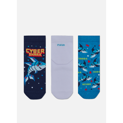 Kit com 3 Meias Cano Micro Menino Teen Tubarão Robô