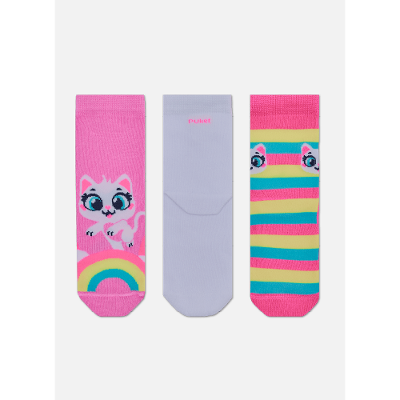 Kit com 3 Meias Cano Curto Menina Gata Arco-íris