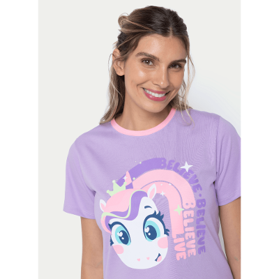 Camisola Manga Curta Algodão Feminina Unicórnio Diamante