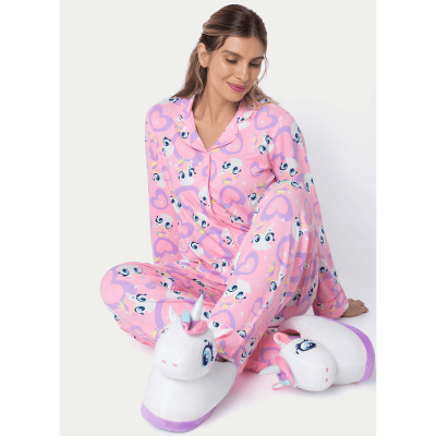 Pijama Manga Longa Viscose Feminino Unicórnio Diamante