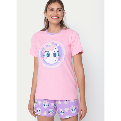 Pijama Manga Curta Feminino Unicórnio Diamante
