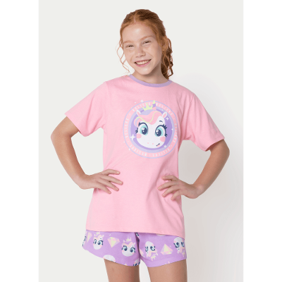Pijama Manga Curta Menina Teen Unicórnio Diamante