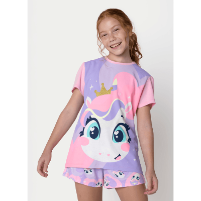 Pijama Manga Curta Viscolycra Menina Teen Unicórnio Diamante