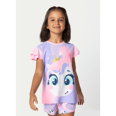Pijama Manga Curta Viscolycra Menina Unicórnio Diamante