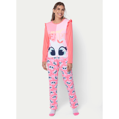 Pijama Manga Longa Viscolycra Feminino Gata Cereja