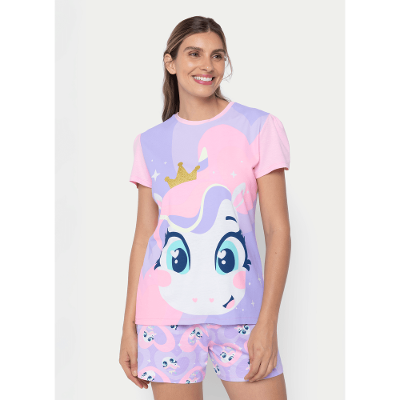 Pijama Manga Curta Viscolycra Feminino Unicórnio Diamante