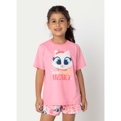 Pijama Manga Curta Menina Gata Cereja