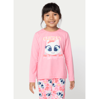 Pijama Manga Longa Menina Gata Cereja