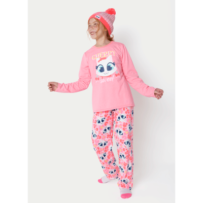 Pijama Manga Longa Menina Teen Gata Cereja
