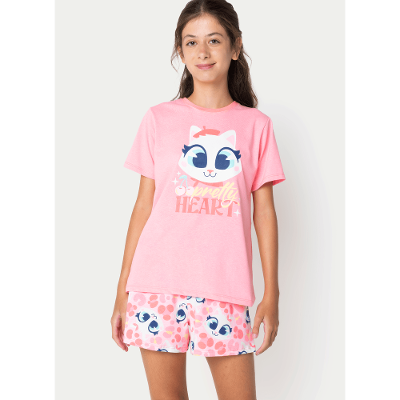 Pijama Manga Curta Menina Teen Gata Cereja