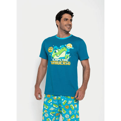 Pijama Manga Curta Algodão Masculino Dino Astronauta