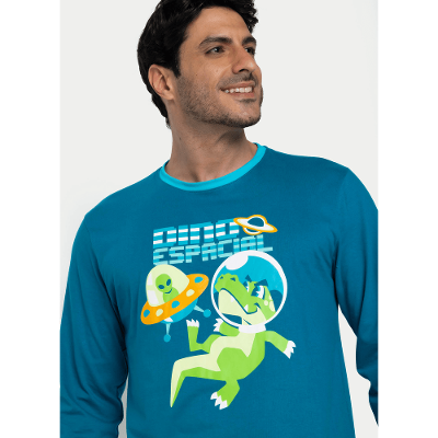 Pijama Manga Longa Algodão Masculino Dino Astronauta